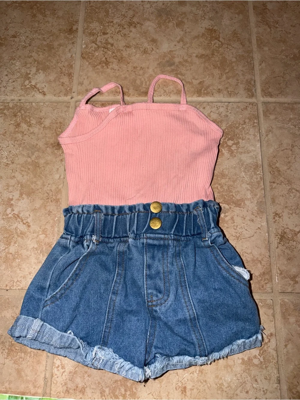 SHEIN Pink Ribbed Tank Top with Blue Denim Paperbag Shorts - Kids